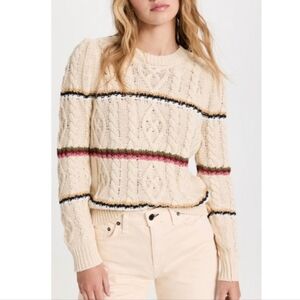 Veronica Beard Cream Cable Knit Sweater with Multicolor Stripes
